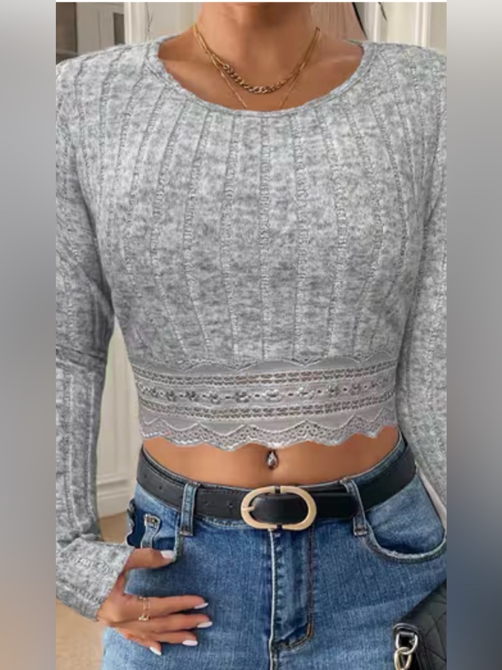 Women's Grey Ribbed Lace-Hem Sweater Top